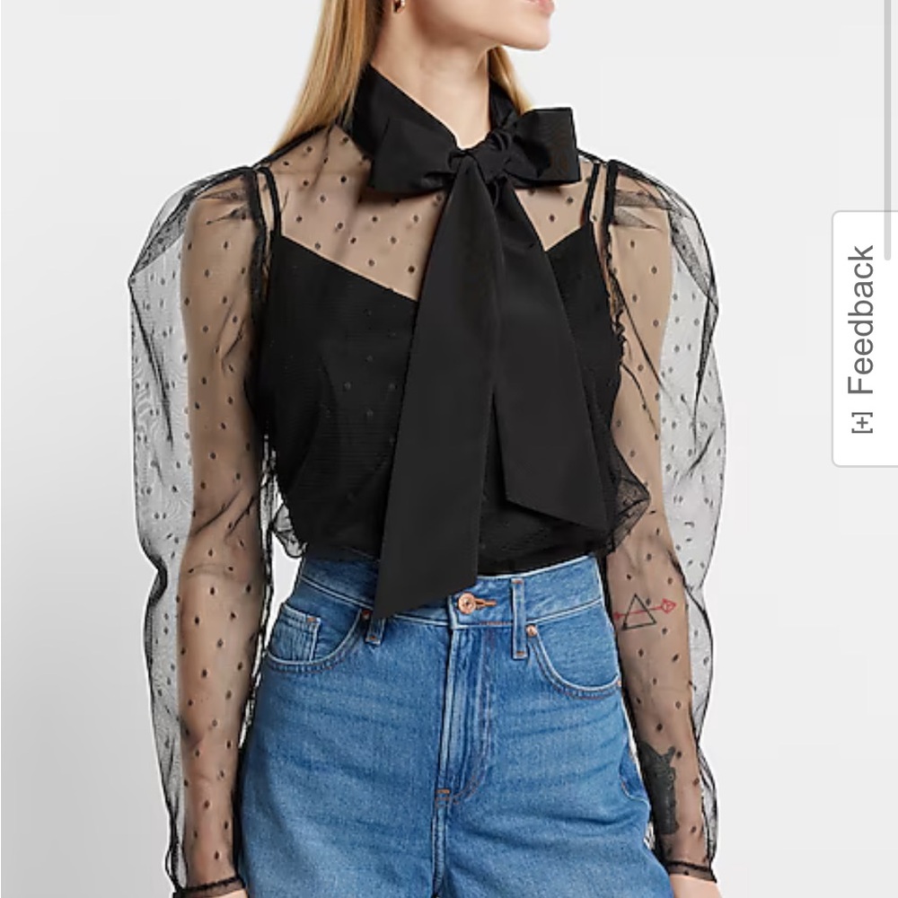 NWT express Tulle Polka Dot Tie Mock Neck
Puff Sleeve Top